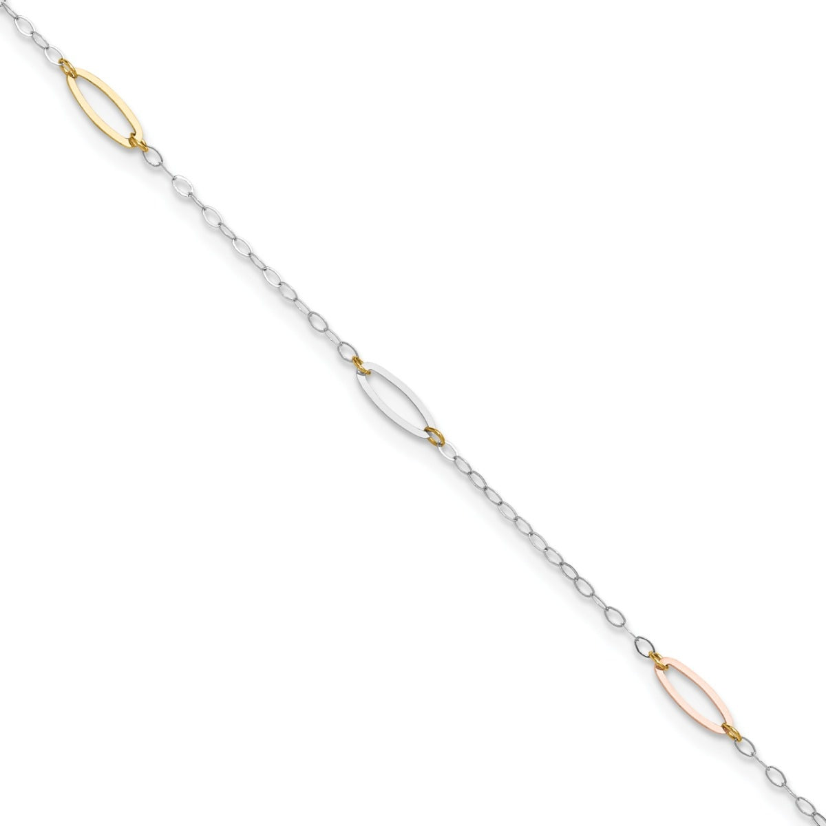9-inch Adjustable Oval Link Ankle Bracelet in 14K Tri-Tone Gold front view