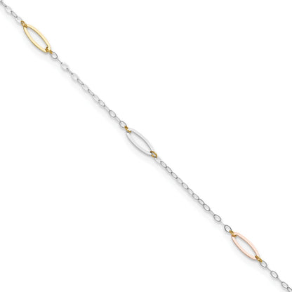 9-inch Adjustable Oval Link Ankle Bracelet in 14K Tri-Tone Gold front view