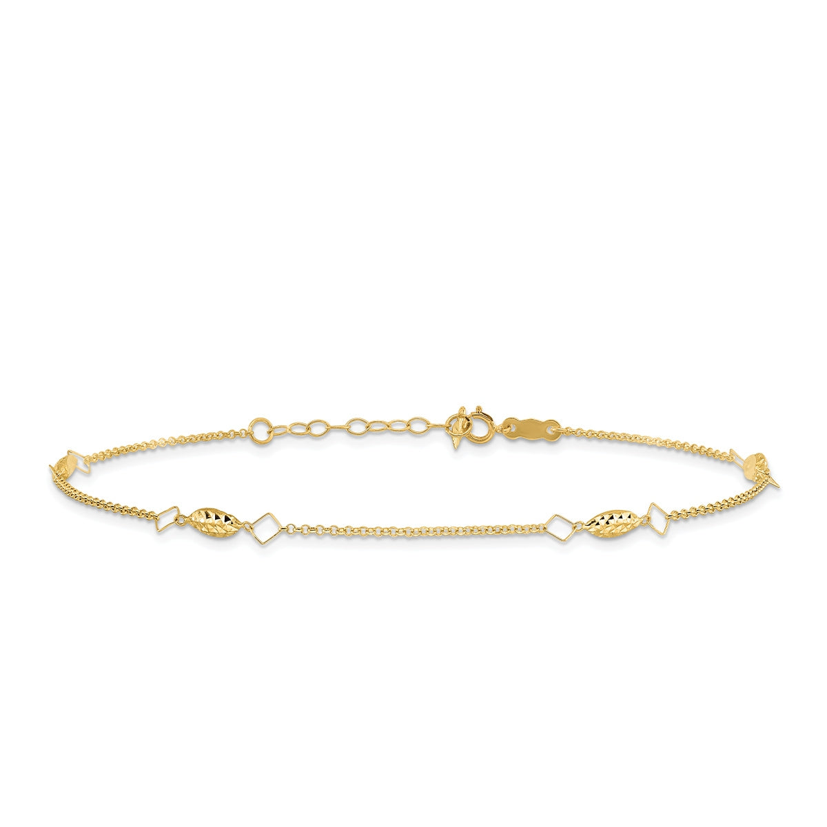 9-inch Adjustable Diamond Cut Oval Bead Station Ankle Bracelet in 14K Yellow Gold