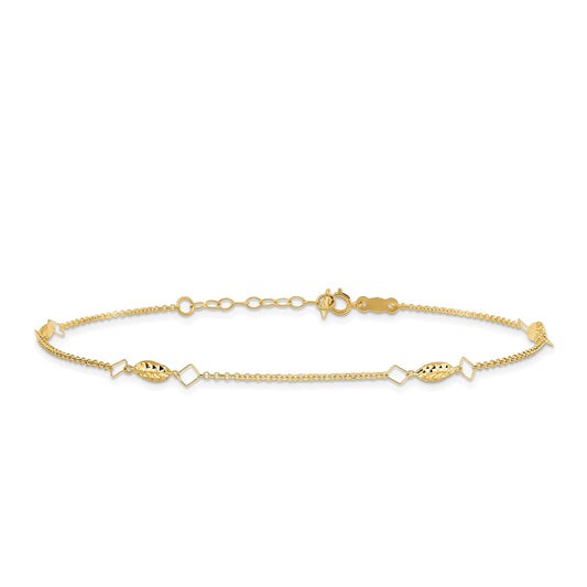 9-inch Adjustable Diamond Cut Oval Bead Station Ankle Bracelet in 14K Yellow Gold
