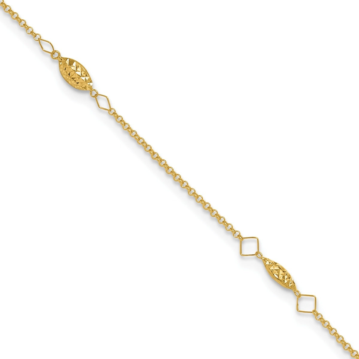 9-inch Adjustable Diamond Cut Oval Bead Station Ankle Bracelet in 14K Yellow Gold front view