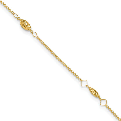 9-inch Adjustable Diamond Cut Oval Bead Station Ankle Bracelet in 14K Yellow Gold front view