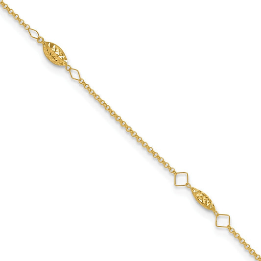 9-inch Adjustable Diamond Cut Oval Bead Station Ankle Bracelet in 14K Yellow Gold front view
