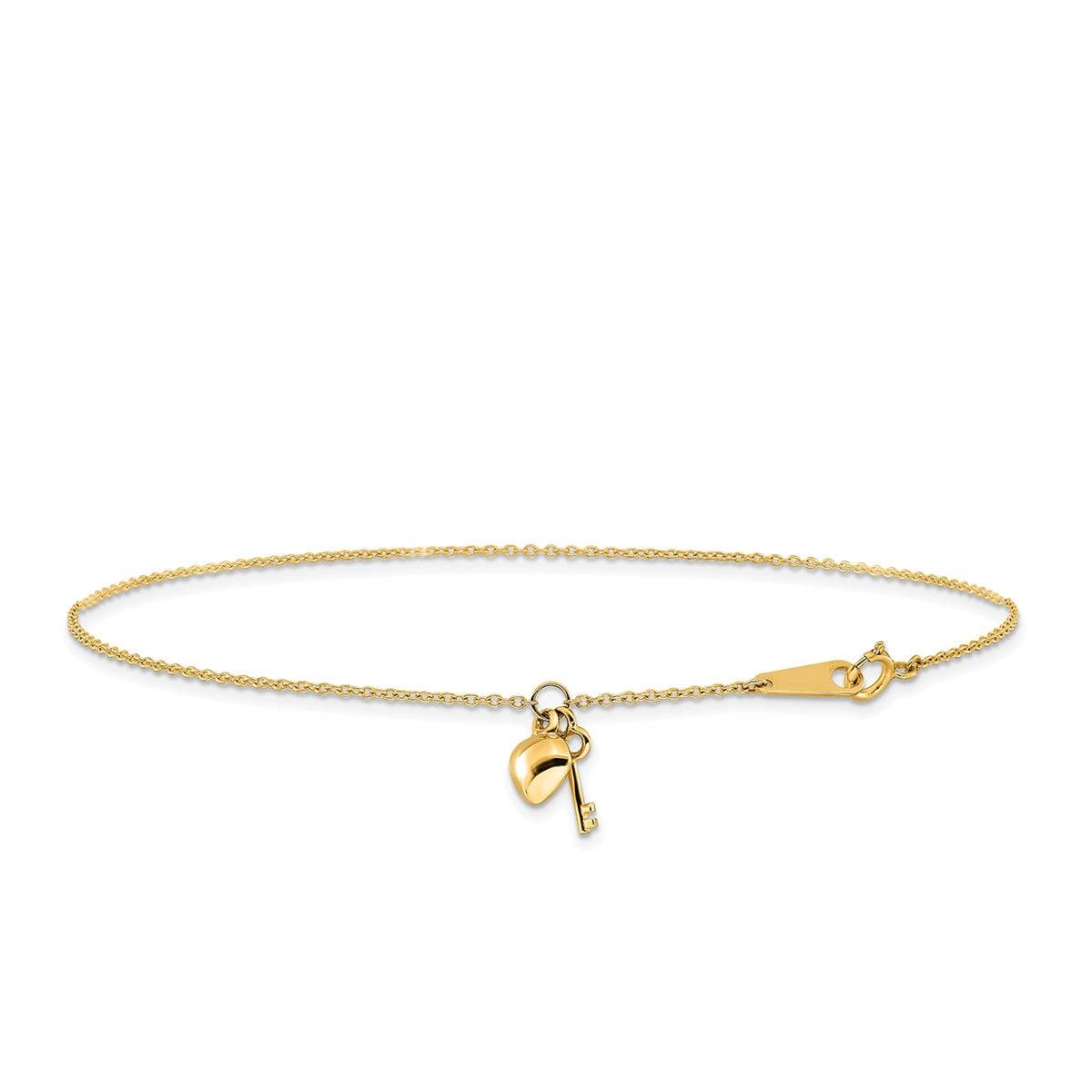 9-inch Adjustable Heart & Key Ankle Bracelet in 14K Yellow Gold