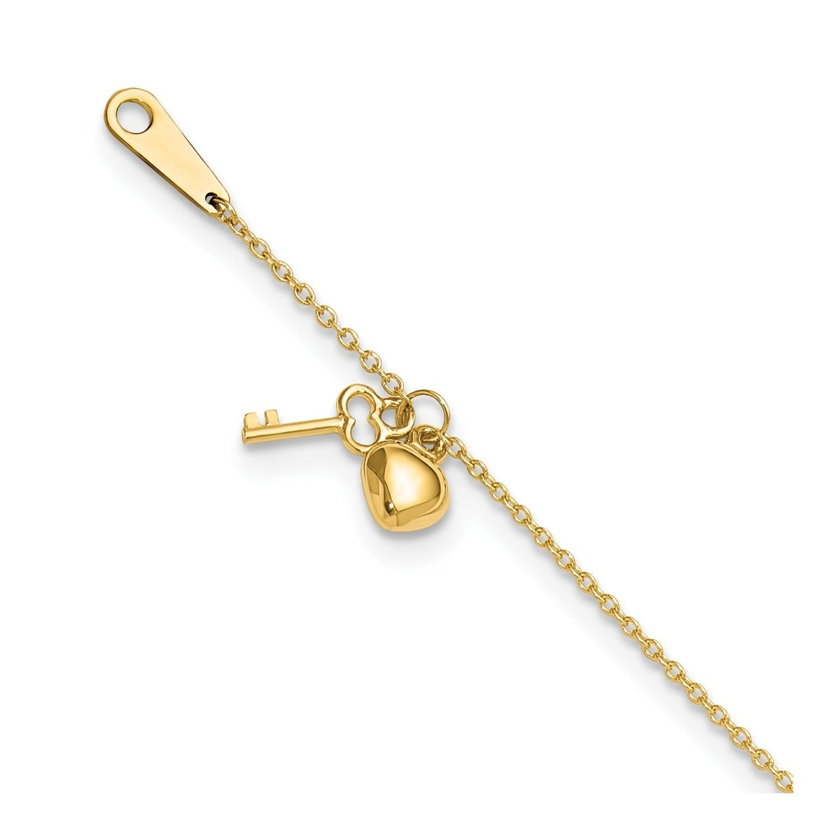 9-inch Adjustable Heart & Key Ankle Bracelet in 14K Yellow Gold front view