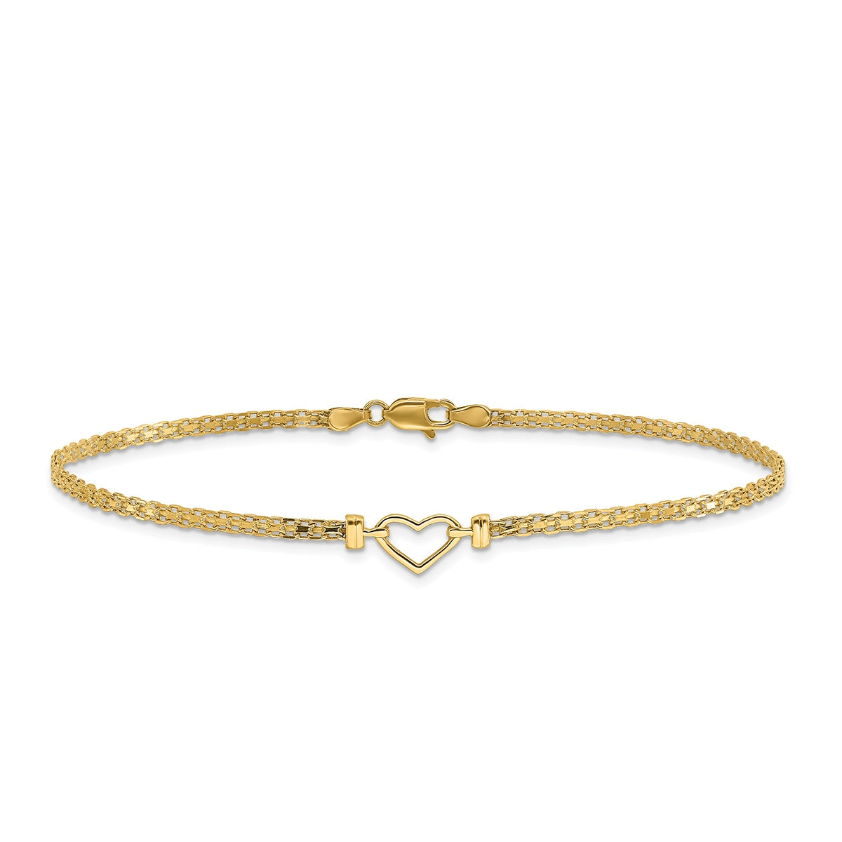 10-inch Polished Open Heart Ankle Bracelet in 14K Yellow Gold