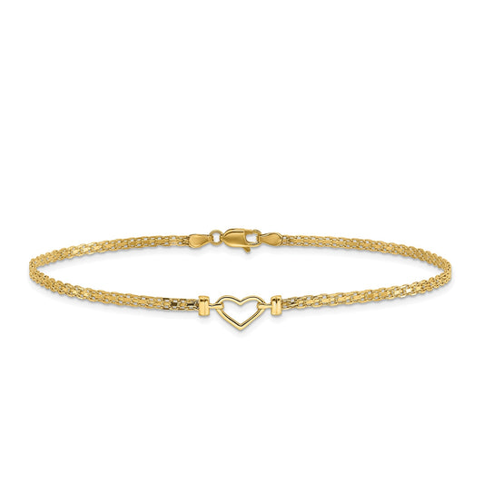 10-inch Polished Open Heart Ankle Bracelet in 14K Yellow Gold