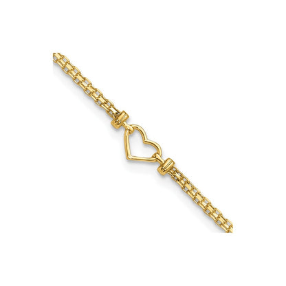 10-inch Polished Open Heart Ankle Bracelet in 14K Yellow Gold front view