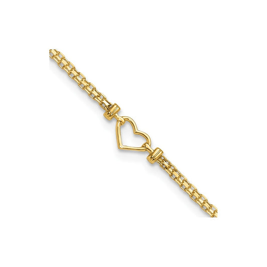 10-inch Polished Open Heart Ankle Bracelet in 14K Yellow Gold front view