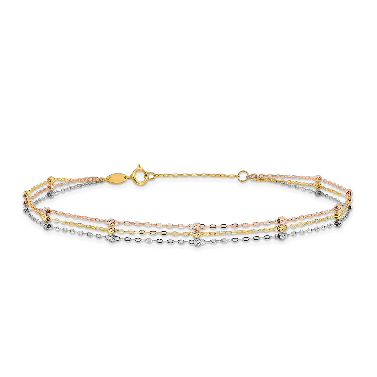 9-inch Adjustable Diamond Cut Bead Triple Strand Ankle Bracelet in Tri-Tone Gold