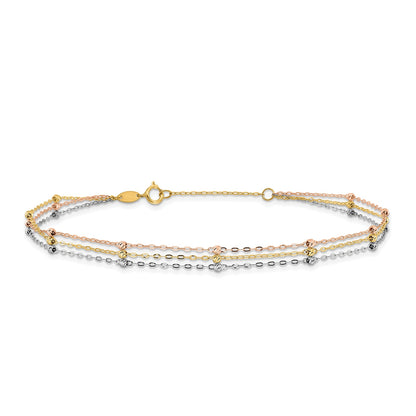 9-inch Adjustable Diamond Cut Bead Triple Strand Ankle Bracelet in Tri-Tone Gold