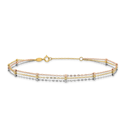 9-inch Adjustable Diamond Cut Bead Triple Strand Ankle Bracelet in Tri-Tone Gold