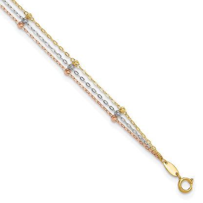 9-inch Adjustable Diamond Cut Bead Triple Strand Ankle Bracelet in Tri-Tone Gold front view