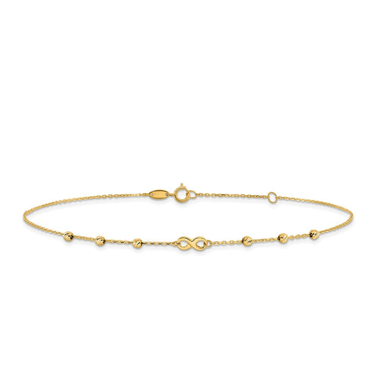 10-inch Adjustable Infinity & Diamond Cut Bead Ankle Bracelet in 10K Yellow Gold