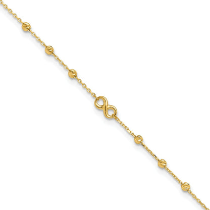 10-inch Adjustable Infinity & Diamond Cut Bead Ankle Bracelet in 10K Yellow Gold front view