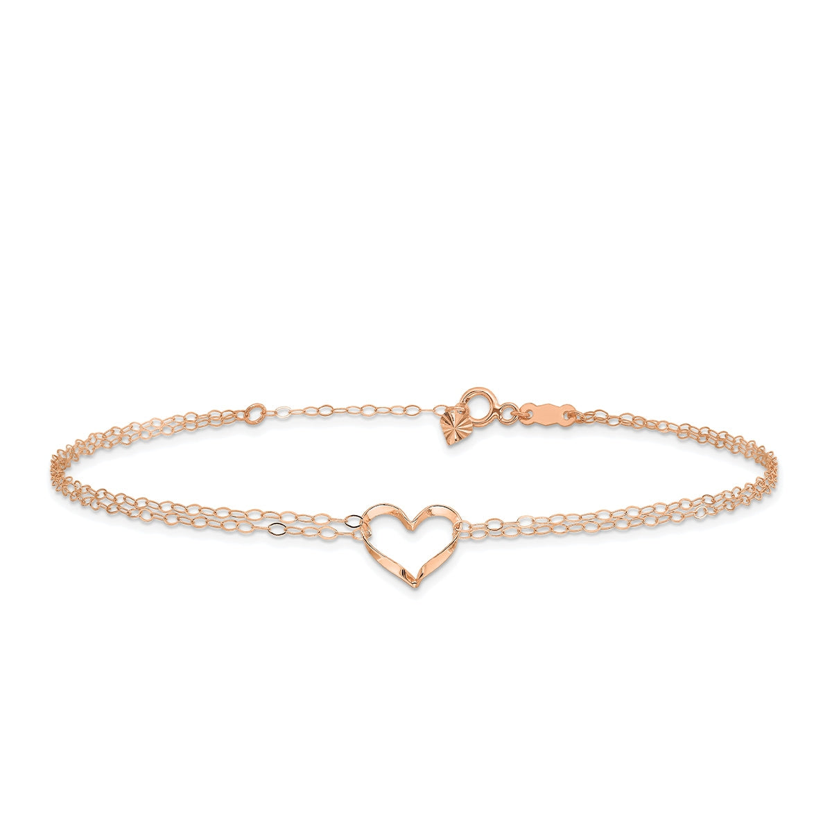 9-inch Adjustable Open Heart Double Strand Ankle Bracelet in 14K Pink Gold