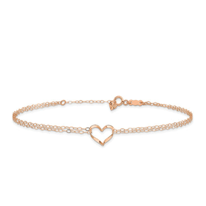 9-inch Adjustable Open Heart Double Strand Ankle Bracelet in 14K Pink Gold