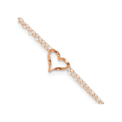 9-inch Adjustable Open Heart Double Strand Ankle Bracelet in 14K Pink Gold front view