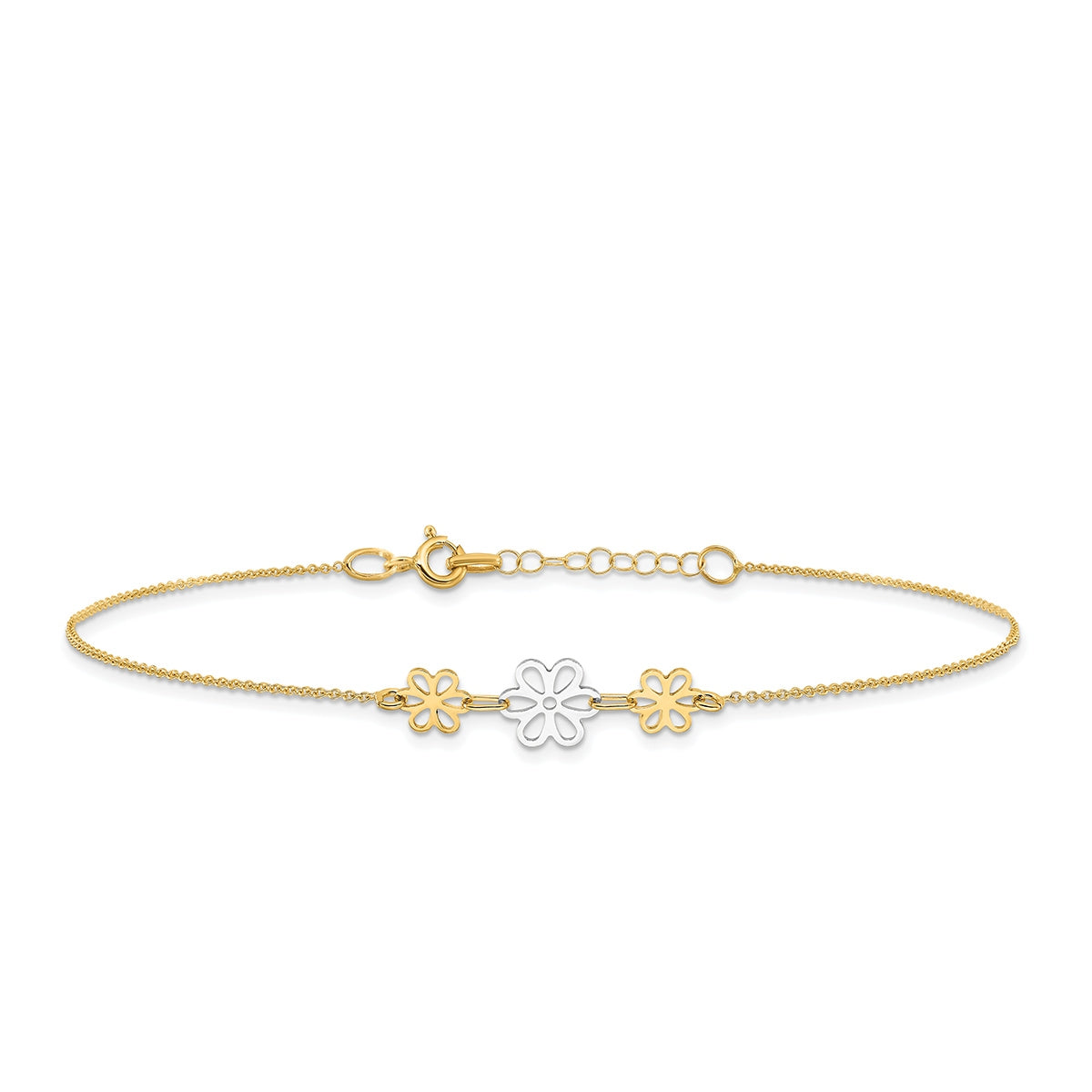 9-inch Adjustable Flower Ankle Bracelet in 14K Yellow & White Gold