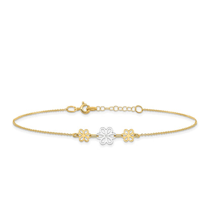 9-inch Adjustable Flower Ankle Bracelet in 14K Yellow & White Gold