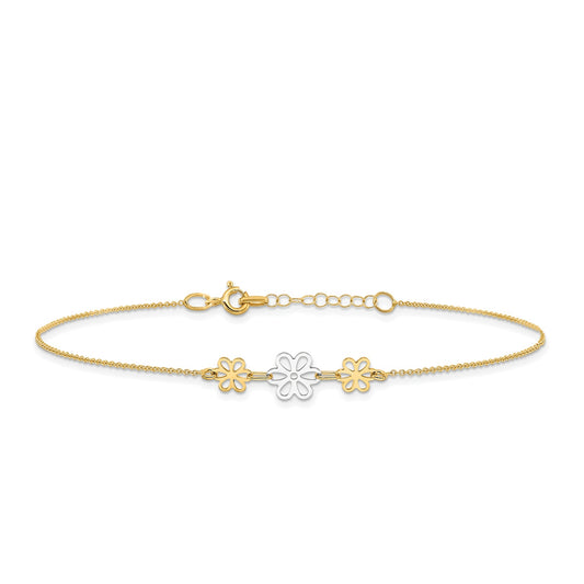 9-inch Adjustable Flower Ankle Bracelet in 14K Yellow & White Gold