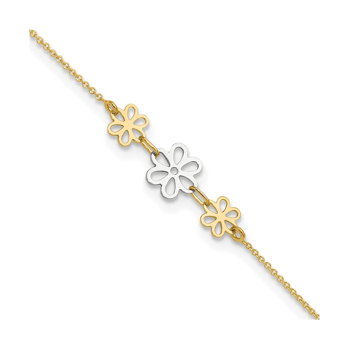 9-inch Adjustable Flower Ankle Bracelet in 14K Yellow & White Gold front view