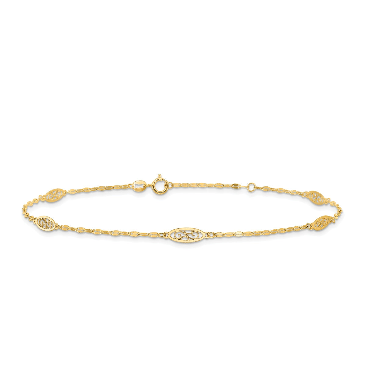 9-inch Adjustable Filigree Oval Link Ankle Bracelet in 14K Yellow Gold