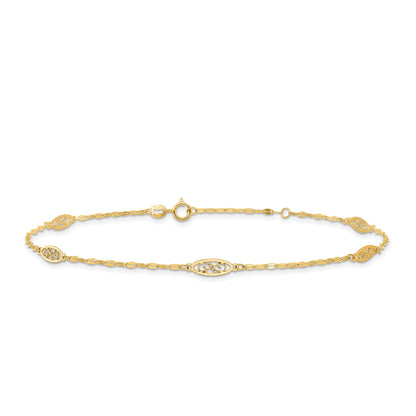 9-inch Adjustable Filigree Oval Link Ankle Bracelet in 14K Yellow Gold