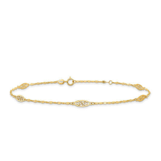9-inch Adjustable Filigree Oval Link Ankle Bracelet in 14K Yellow Gold