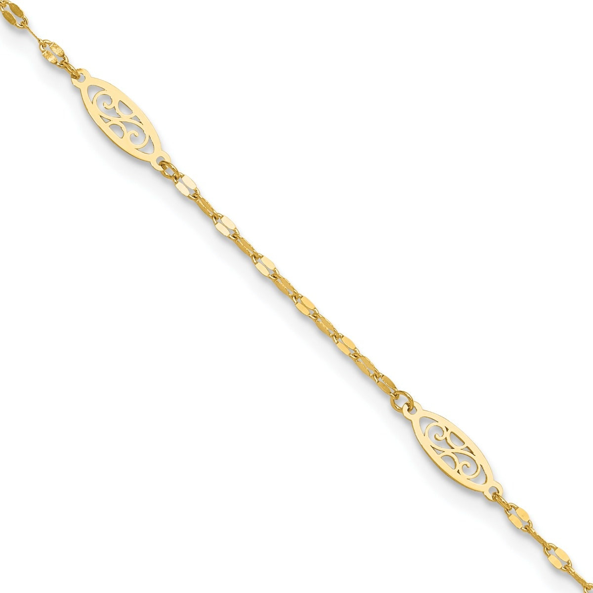 9-inch Adjustable Filigree Oval Link Ankle Bracelet in 14K Yellow Gold front view