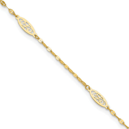 9-inch Adjustable Filigree Oval Link Ankle Bracelet in 14K Yellow Gold front view