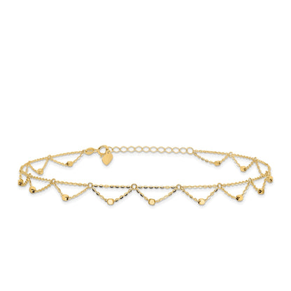 10-inch Adjustable Bead Scalloped Ankle Bracelet in 14K Yellow Gold
