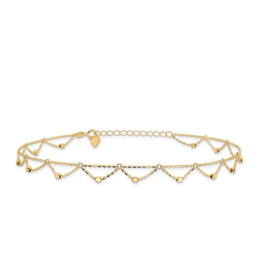 10-inch Adjustable Bead Scalloped Ankle Bracelet in 14K Yellow Gold