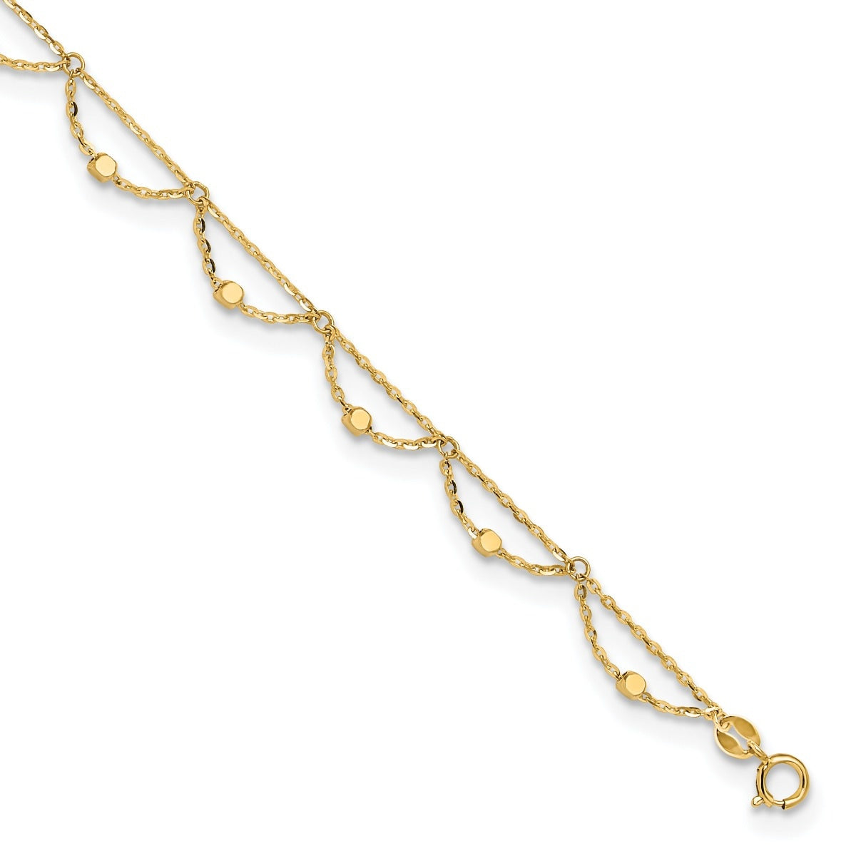 10-inch Adjustable Bead Scalloped Ankle Bracelet in 14K Yellow Gold front view