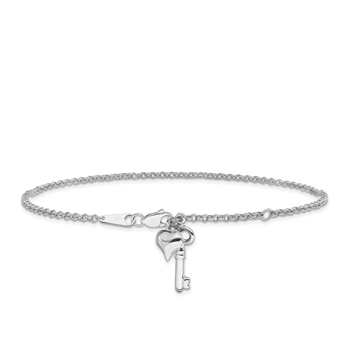 9-inch Adjustable Puffed Heart & Key Ankle Bracelet in 14K White Gold