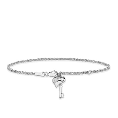 9-inch Adjustable Puffed Heart & Key Ankle Bracelet in 14K White Gold