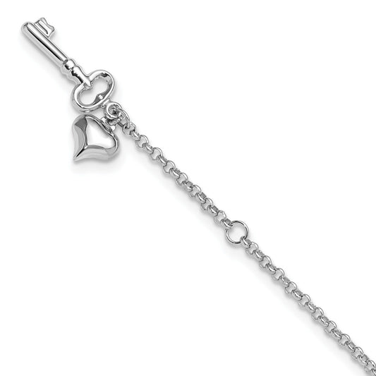 9-inch Adjustable Puffed Heart & Key Ankle Bracelet in 14K White Gold front view