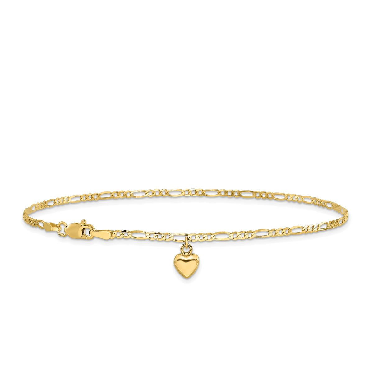 9-inch Puffed Heart Figaro Chain Ankle Bracelet in 14K Yellow Gold