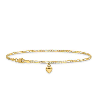 9-inch Puffed Heart Figaro Chain Ankle Bracelet in 14K Yellow Gold