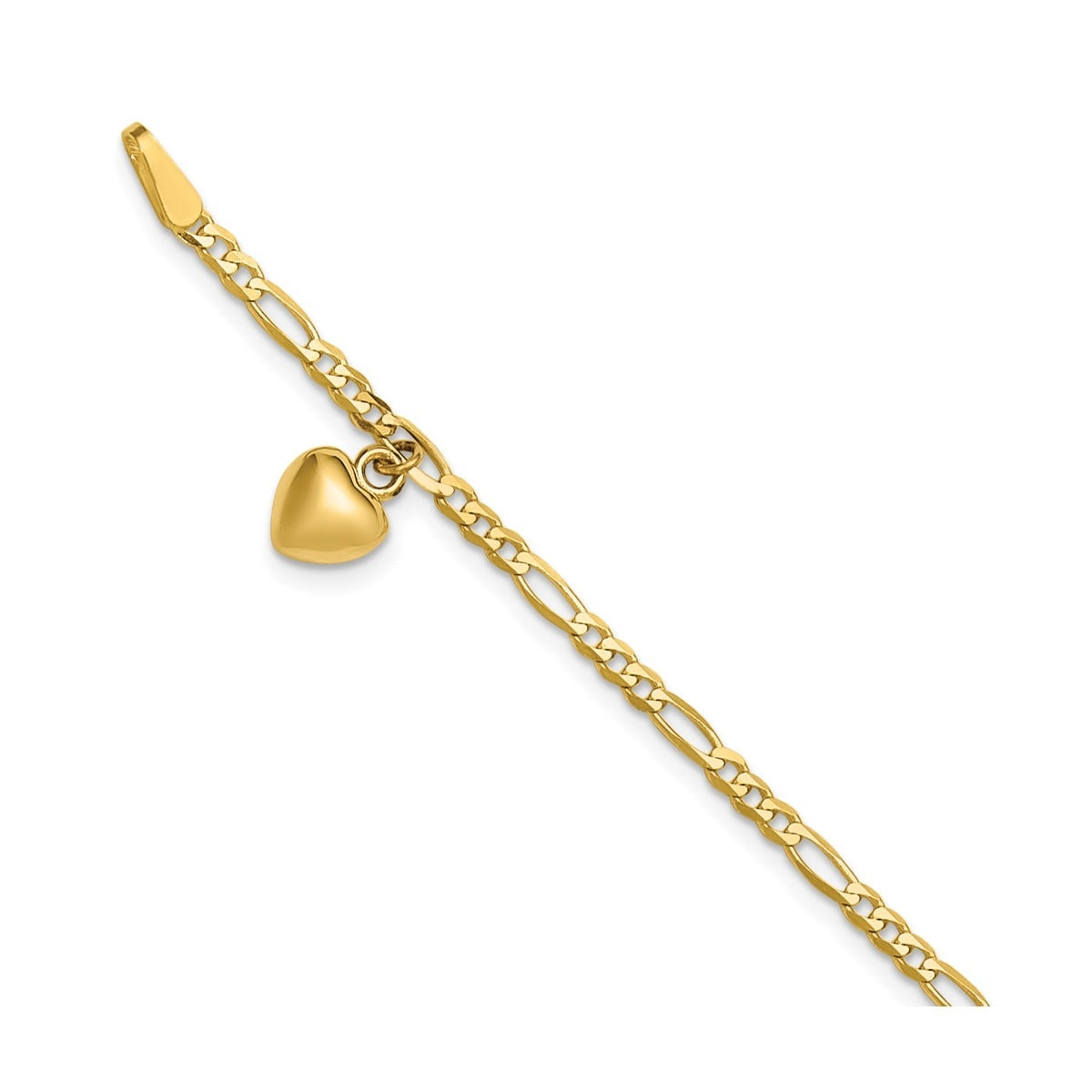 9-inch Puffed Heart Figaro Chain Ankle Bracelet in 14K Yellow Gold front view