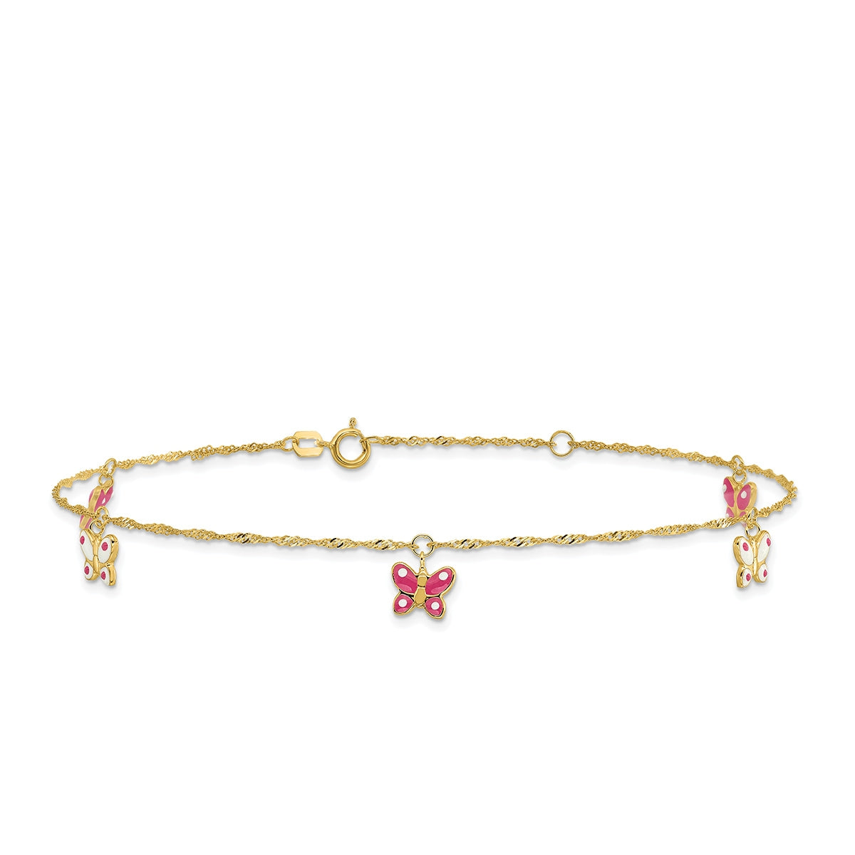 9-inch Adjustable Enamel Butterfly Charm Ankle Bracelet in 14K Yellow Gold