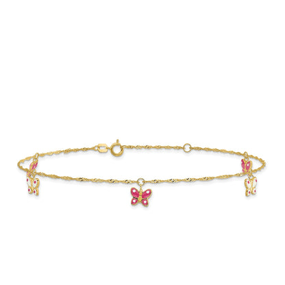 9-inch Adjustable Enamel Butterfly Charm Ankle Bracelet in 14K Yellow Gold