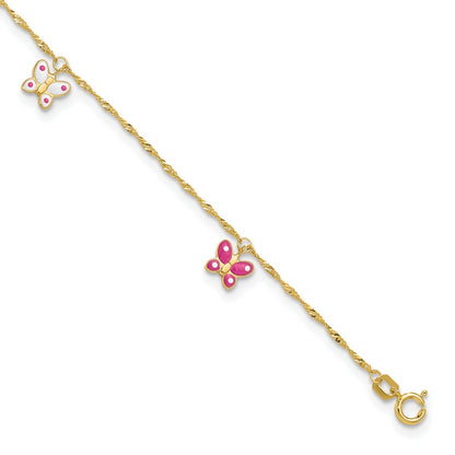 9-inch Adjustable Enamel Butterfly Charm Ankle Bracelet in 14K Yellow Gold front view