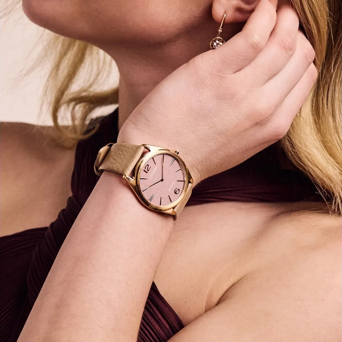 Citizen Men's Suratto Eco-Drive Rose Gold-Tone Stainless Steel Watch with Pink Dial & Leather Strap close-up detail