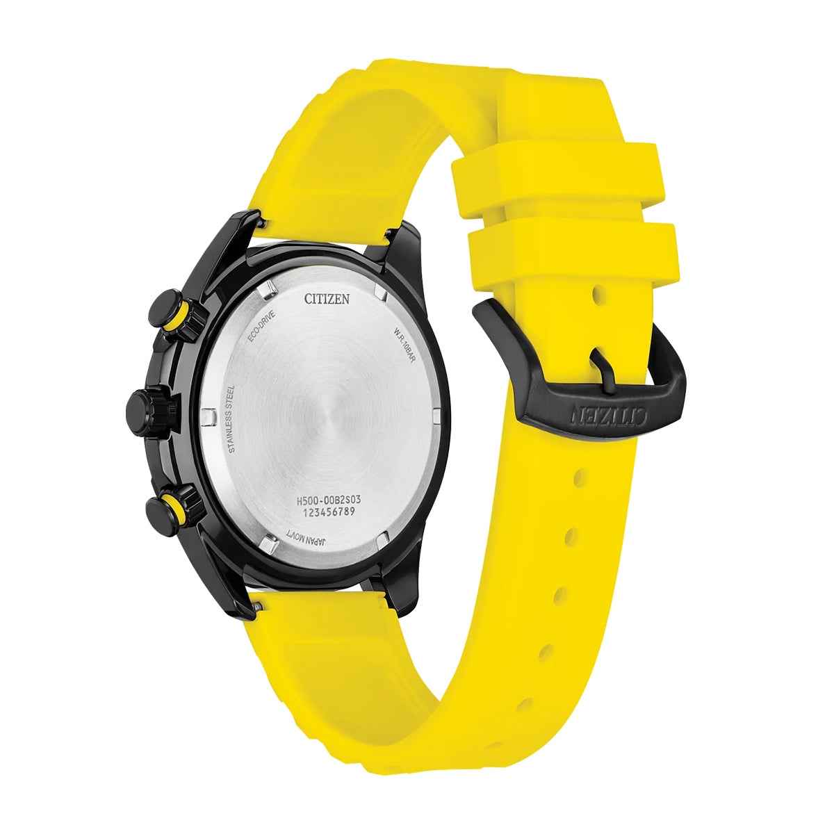 Citizen Men's Brycen Eco-Drive Black Stainless Steel Watch with Black Dial & Yellow Silicone Strap front view