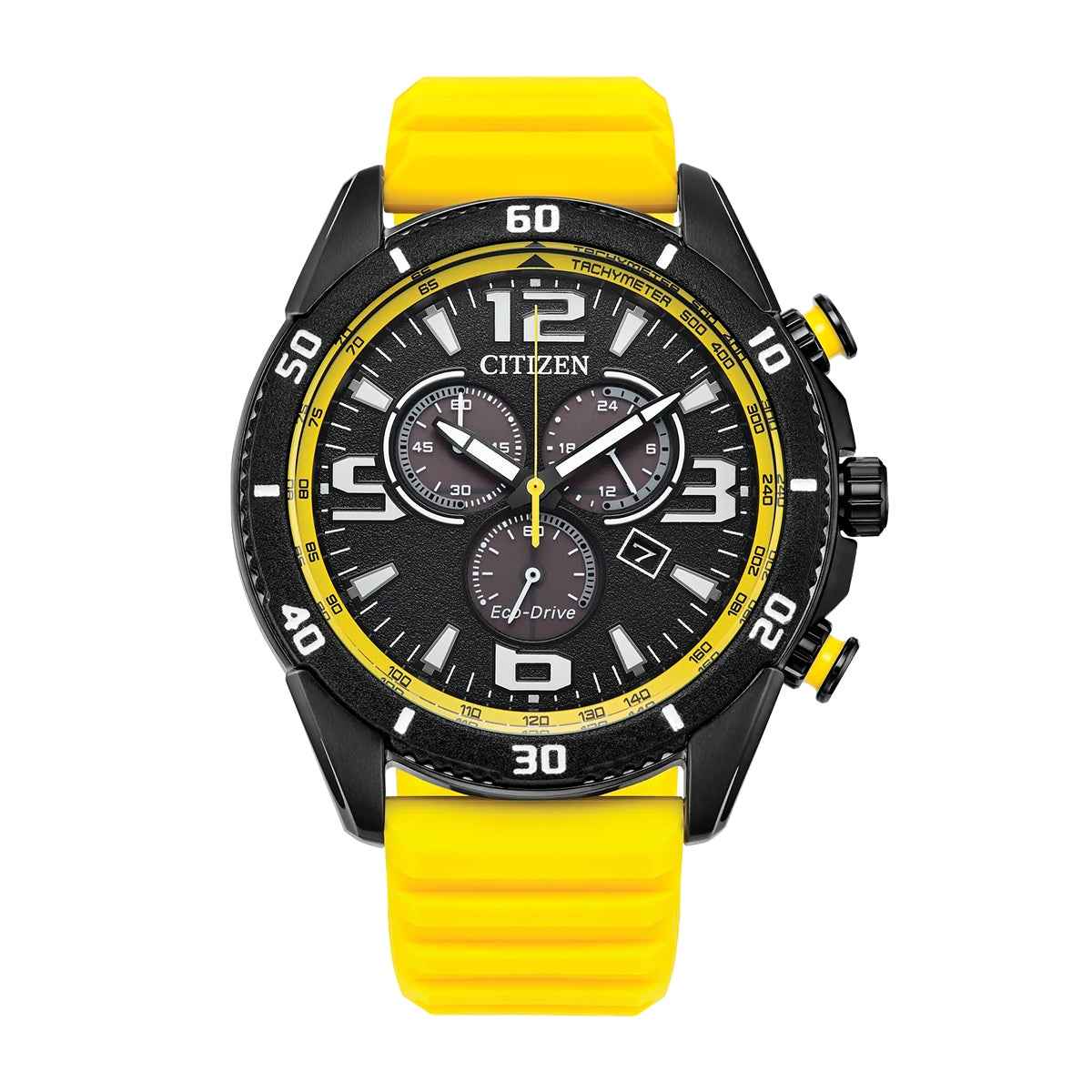 Citizen Men's Brycen Eco-Drive Black Stainless Steel Watch with Black Dial & Yellow Silicone Strap
