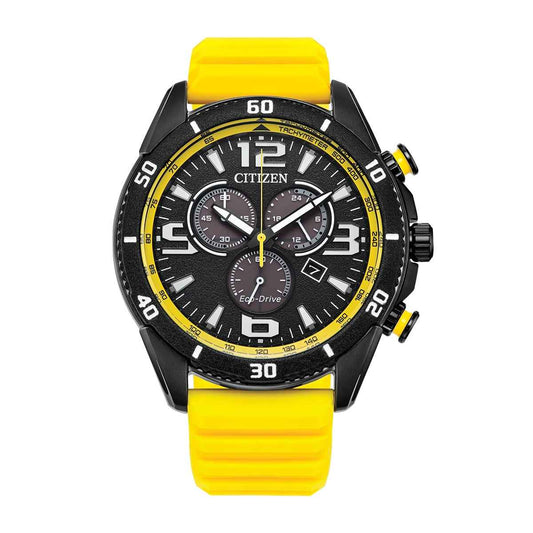 Citizen Men's Brycen Eco-Drive Black Stainless Steel Watch with Black Dial & Yellow Silicone Strap