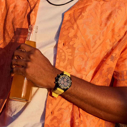 Citizen Men's Brycen Eco-Drive Black Stainless Steel Watch with Black Dial & Yellow Silicone Strap close-up detail