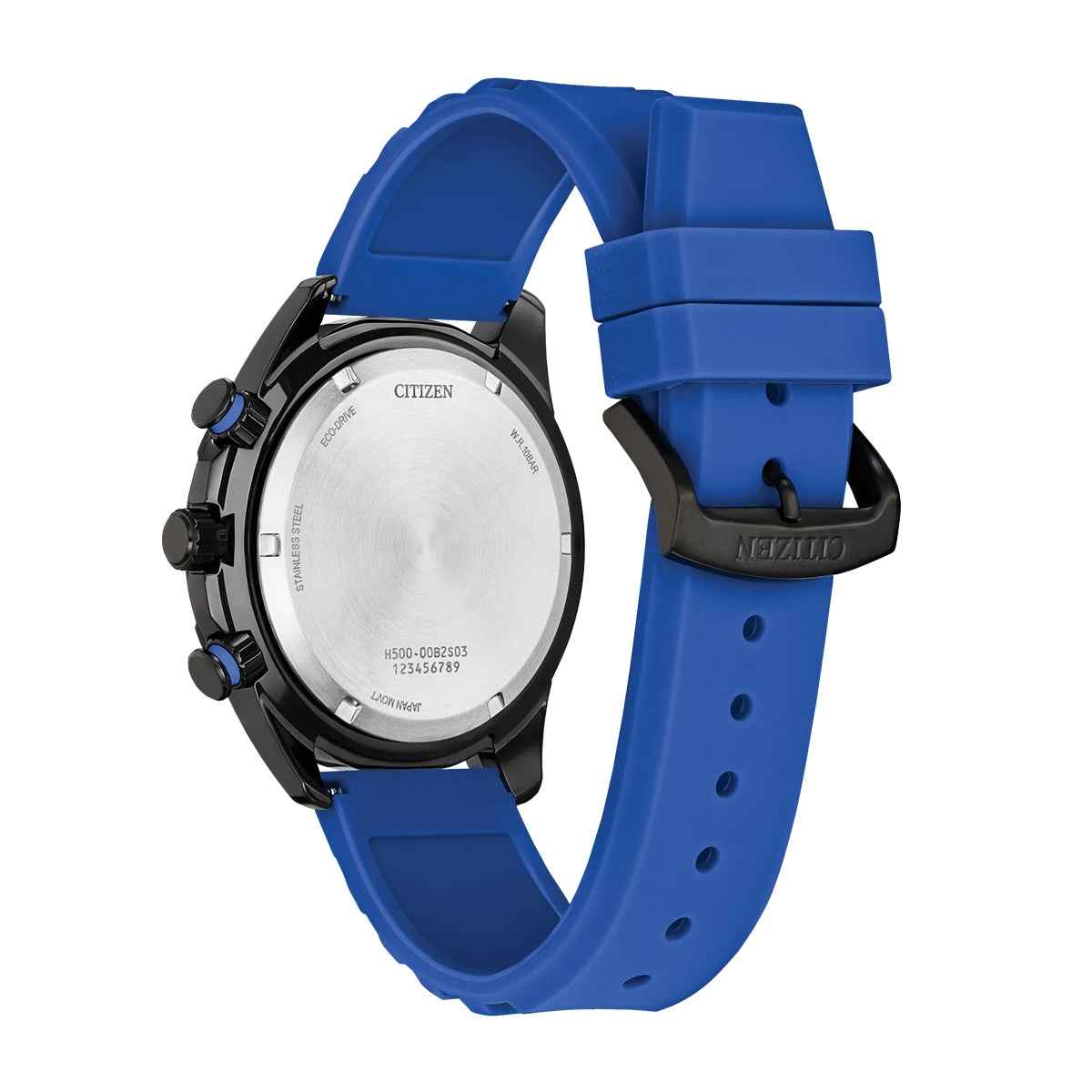 Citizen Men's Brycen Eco-Drive Black Stainless Steel Watch with Black Dial & Blue Silicone Strap front view