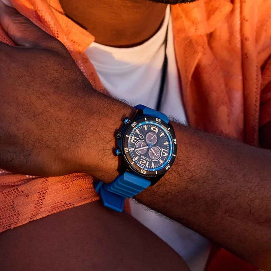 Citizen Men's Brycen Eco-Drive Black Stainless Steel Watch with Black Dial & Blue Silicone Strap close-up detail